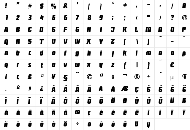 Pasadena-HeavyIta Regular  glyph index