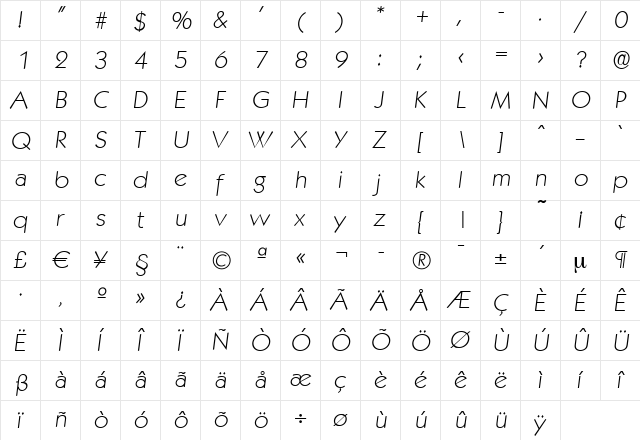 VictorBecker-ExtraLight Italic  glyph index