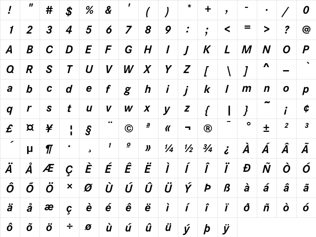 Corporate S Bold Italic  glyph index