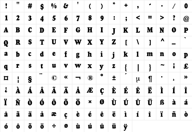 Goudy BQ Regular  glyph index