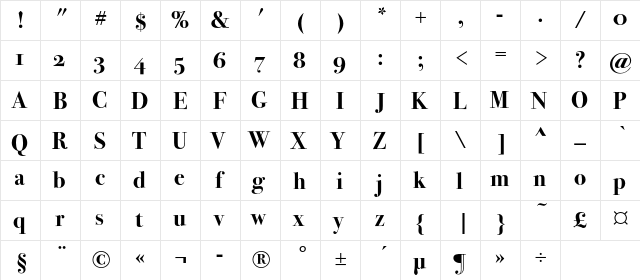 Bodoni72OSC Bold  glyph index