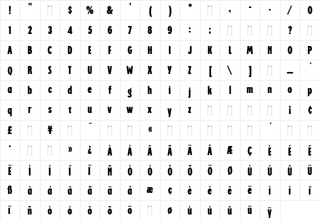 Regatta Condensed Regular  glyph index