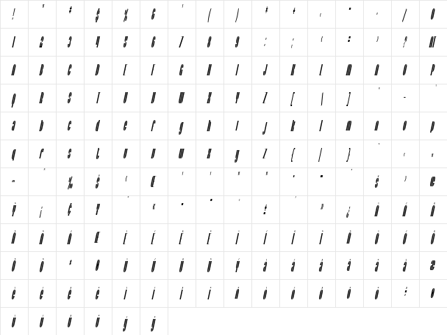 SF Baroquesque Condensed Oblique  glyph index