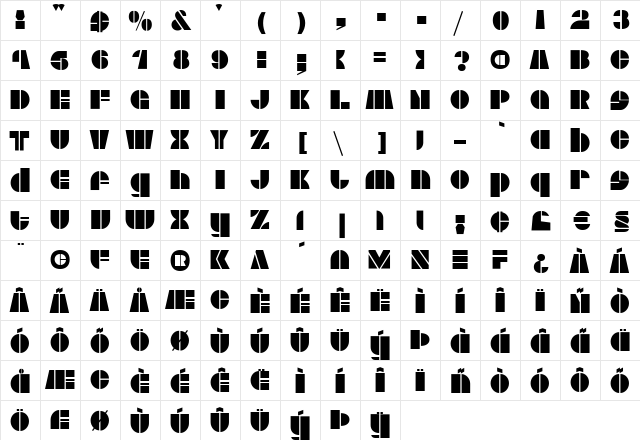 Stock B Regular  glyph index