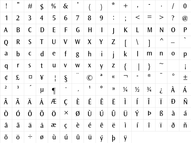 Ocean Sans Std Book  glyph index