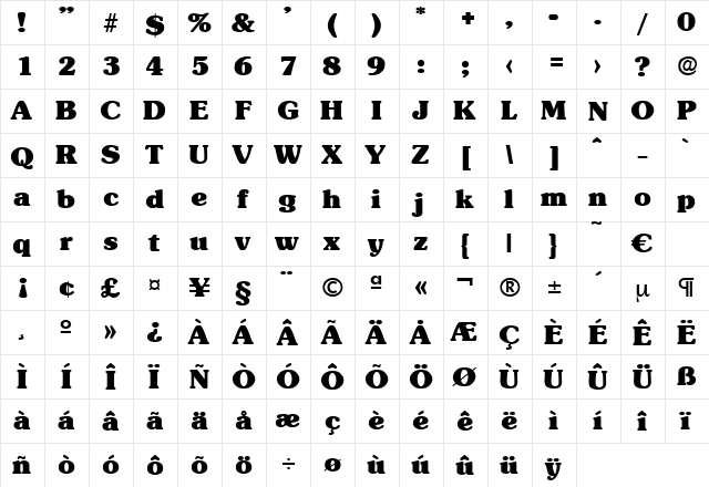 Sunset-ExtraBold Regular  glyph index