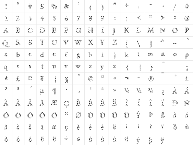DTCGaramondM28 Regular  glyph index