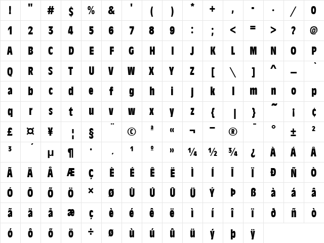 Antique Olive T Bold  glyph index