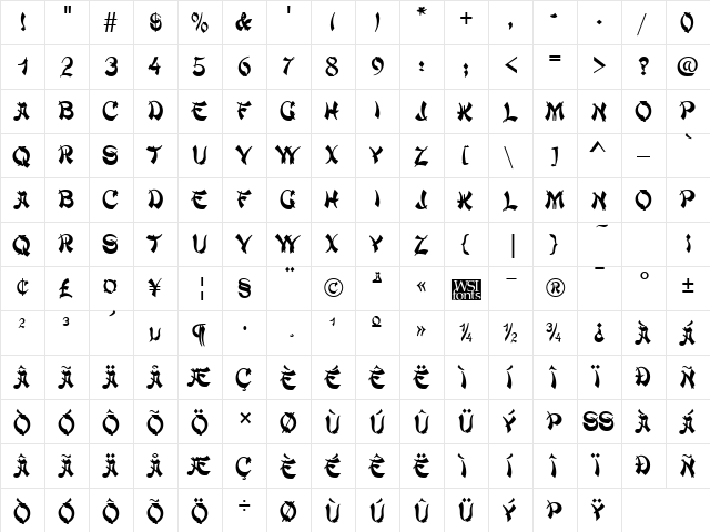 ChowMein Regular  glyph index