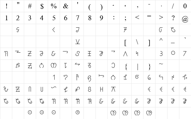 JG Bassa Vah Handwriting Regular  glyph index