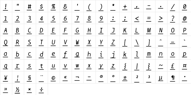 BPtypewriteUnderscored Italic  glyph index