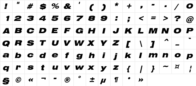 HeliosExtBlack Italic  glyph index