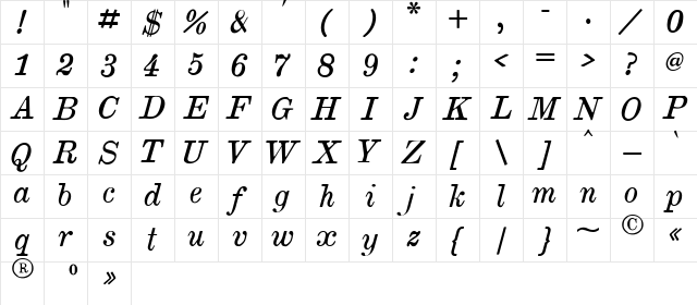 Brokgauz & Efron Italic  glyph index