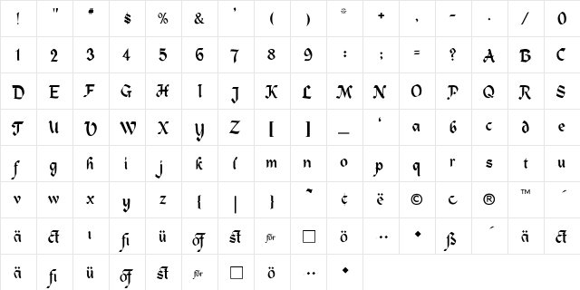 Bassette Light Regular  glyph index
