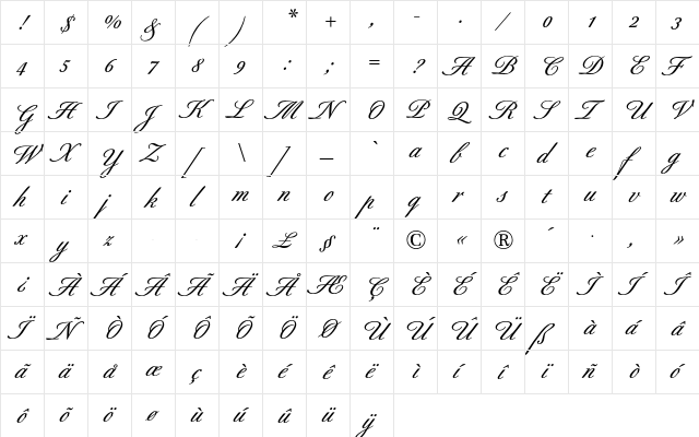 Berthold Script BQ Regular  glyph index