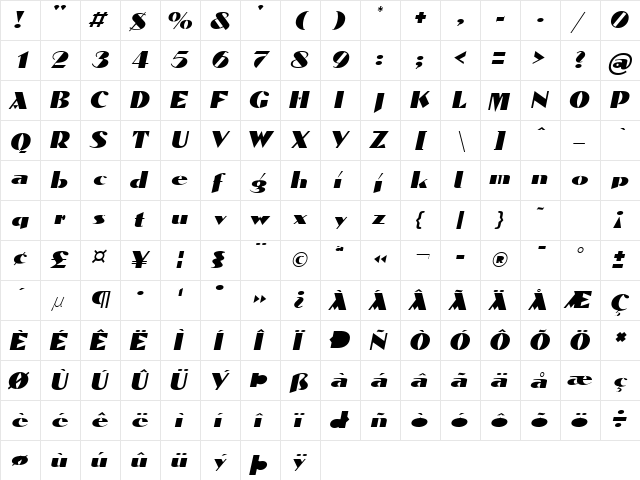 Dominon Lite Italic  glyph index