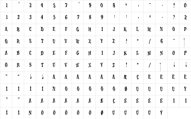 Movieolatitletype Regular  glyph index