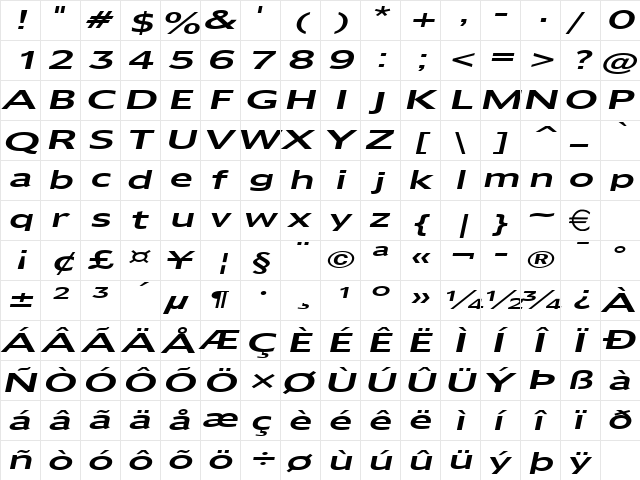 AdamsExtended Italic  glyph index