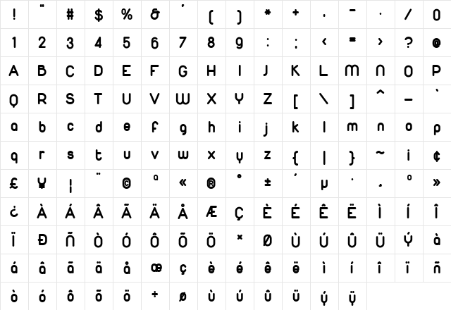 Duepuntozero bold Regular  glyph index