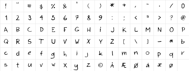 Kims Hand Regular  glyph index