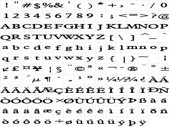 Nadine Extended Bold  glyph index