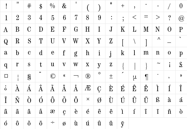 Century ITC BQ Regular  glyph index