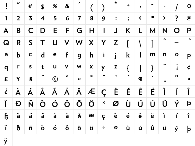 Verlag Bold  glyph index