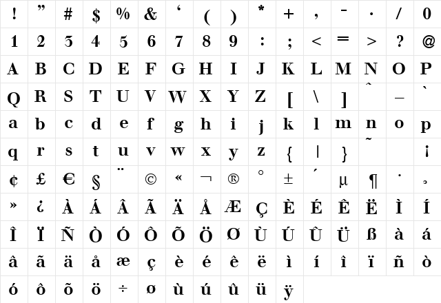 WalbaumDisplay Bold  glyph index