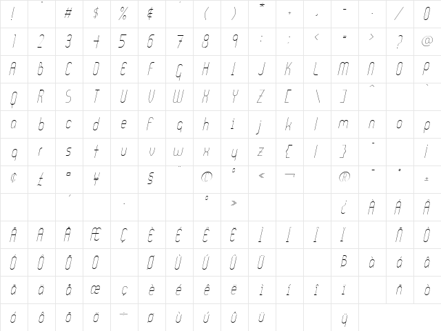 Ultura LightItalic  glyph index