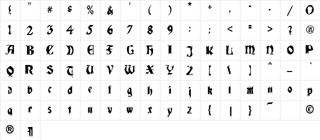 QuaelGothic Regular  glyph index