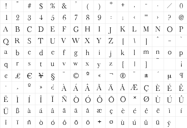 BaskerOldSerial-Light Regular  glyph index