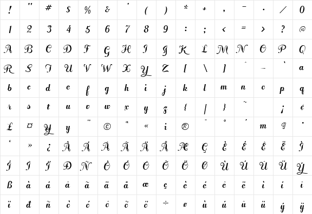 FansiPensleTwo Bold  glyph index