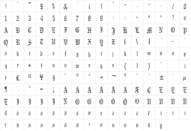 Gregory Thin Normal  glyph index