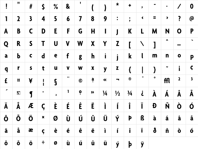 Agenda BoldCondensed  glyph index