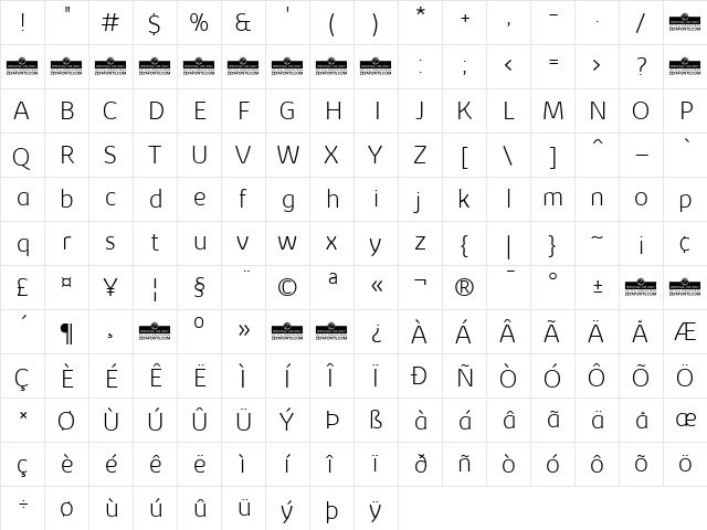 Kabrio ExtraLight  glyph index