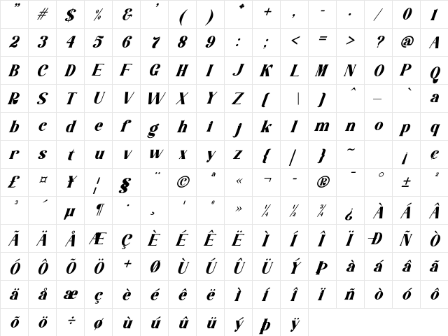 La Lemonti Italic Regular  glyph index