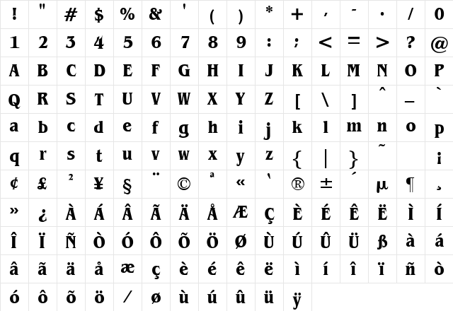 BrintonCondensed Regular  glyph index