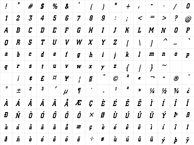 Geo 957-Condensed Bold Italic  glyph index