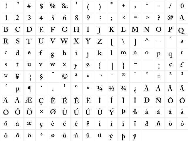 Adobe Caslon Pro Semibold  glyph index