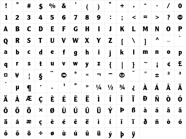 ClearfaceGothicLH75 Bold  glyph index