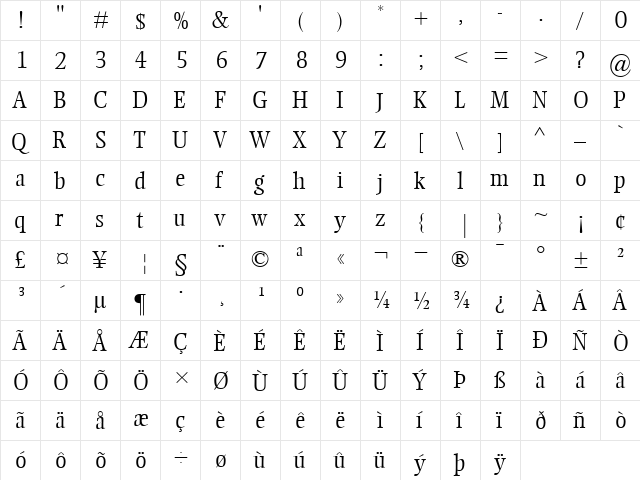 EllingtonMT-Light Light  glyph index