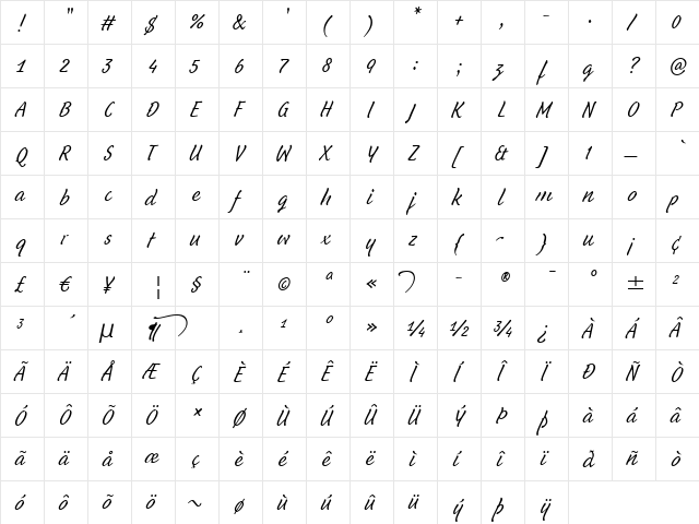 SchussHandITC Medium  glyph index