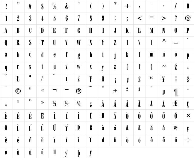Bodoni-PosterCompressed Bold  glyph index