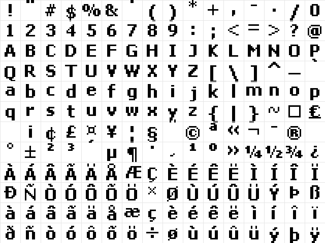 px Ver 8pt bold Regular  glyph index
