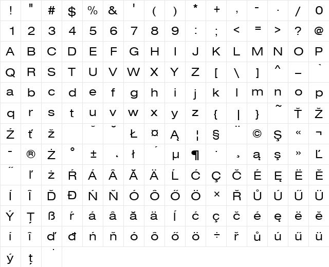 NimbusSanDEEExt Regular  glyph index