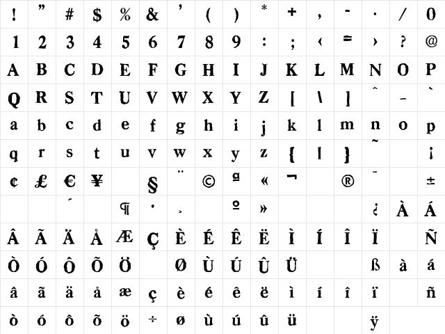 CasadAntique-Xbold Regular  glyph index