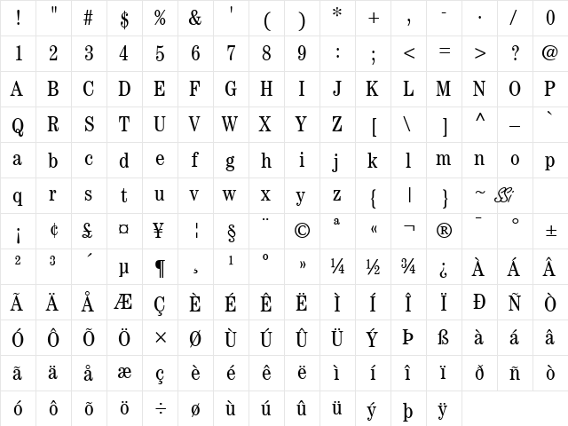 Century Condensed SSi Condensed  glyph index