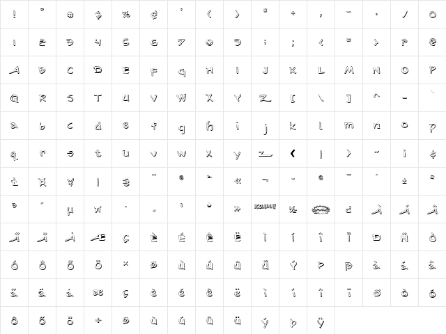 Arilon Shadow Regular  glyph index