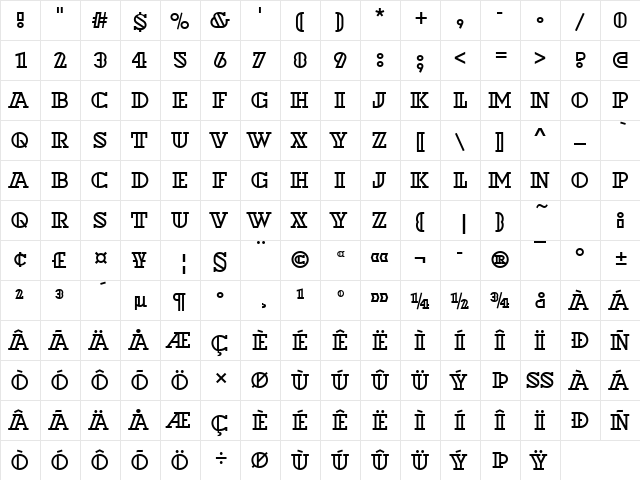 Dextor Becker Outline Regular  glyph index