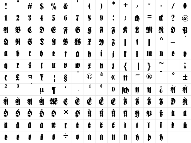 Schmale Anzeigenschrift Regular  glyph index